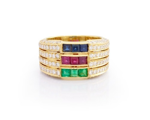 RUBY, SAPPHIRE AND DIAMOND GOLD RING
