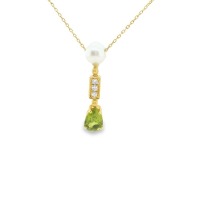 TOURMALINE, PEARL AND DIAMOND GOLD PENDANT AND CHAIN