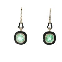 COLOMBIAN EMERALD, ONYX AND DIAMOND EARRINGS