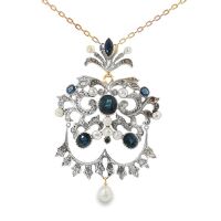 ANTIQUE SAPPHIRE, NATURAL PEARL AND DIAMOND PENDANT NECKLACE